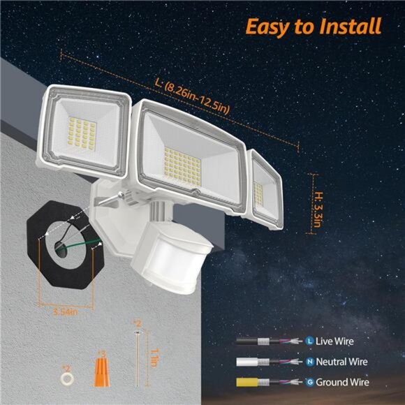 LED Security Motion Sensor Outdoor Lights,3 Head Motion Detection Outdoor Lights - Picture 5 of 7